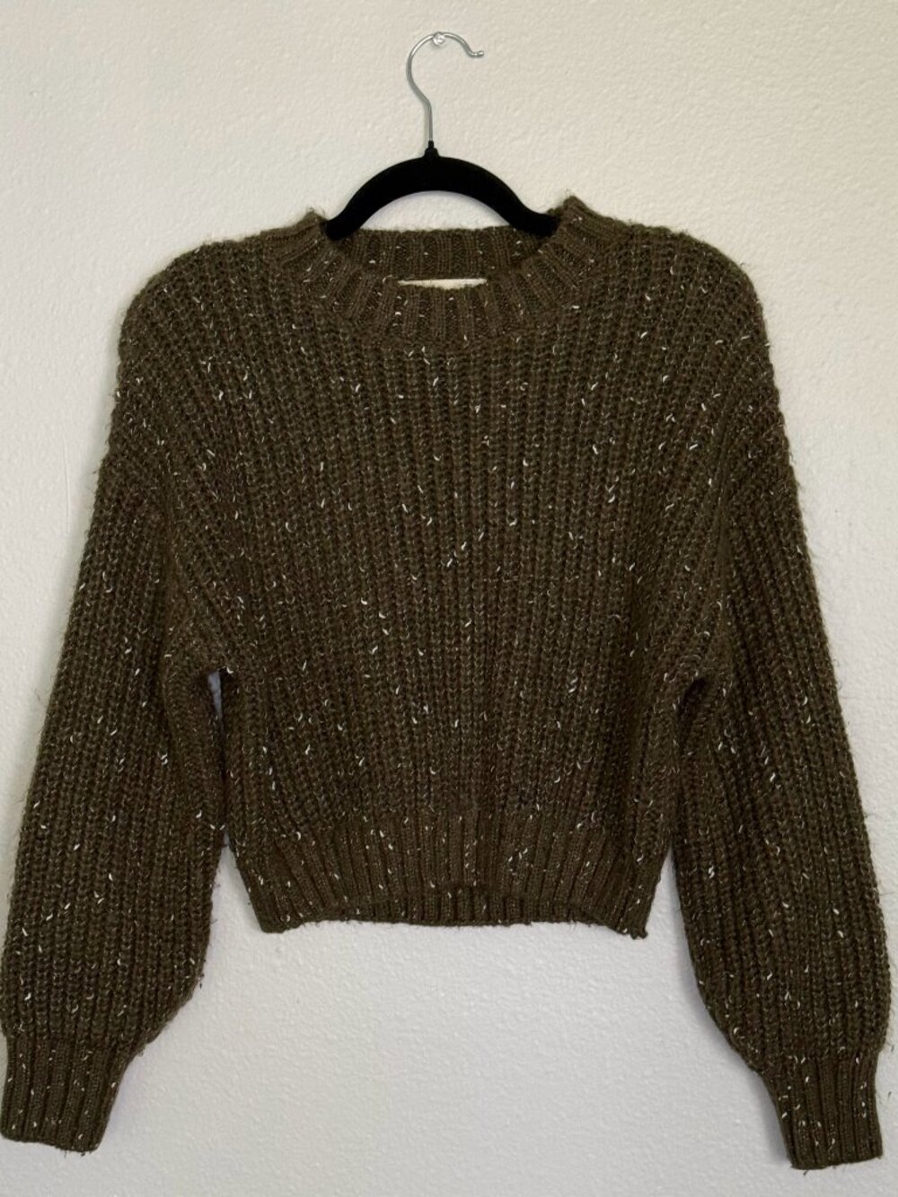Elodie Cropped Chunky Knit Flecked Sweater Olive Green Brown Tweed Size XS